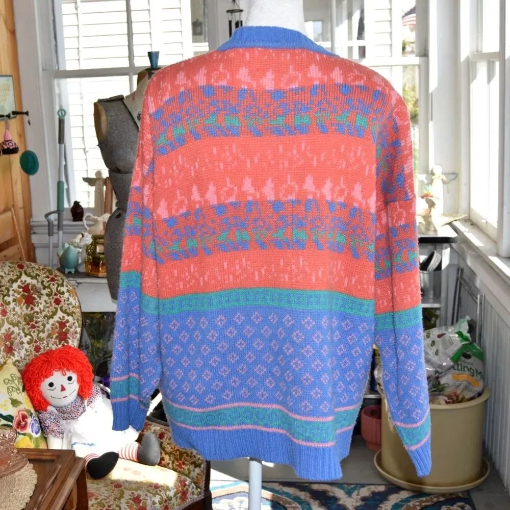 Vintage 90s Lindsay Gray Knit Cardigan Oversized Colorblock Grandpa M